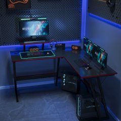 Rohový gamingový stôl BG02 – čierny s poličkou na monitor