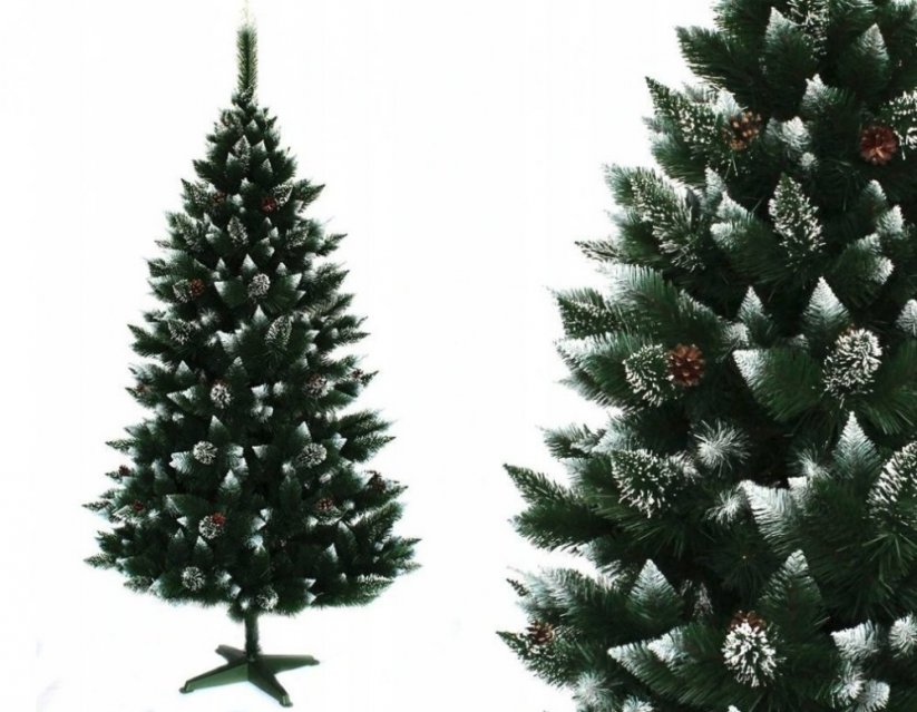 Luxus karácsonyfa fehér hegyekkel és fenyőtobozokkal 150 cm