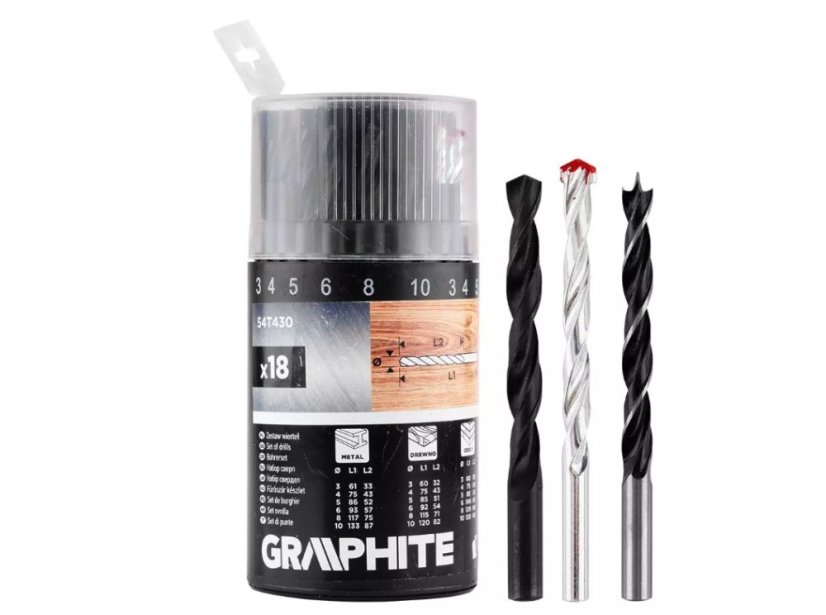 Универсален комплект свредла GRAPHITE 54T430 - 18 бр. за метал, дърво и тухла