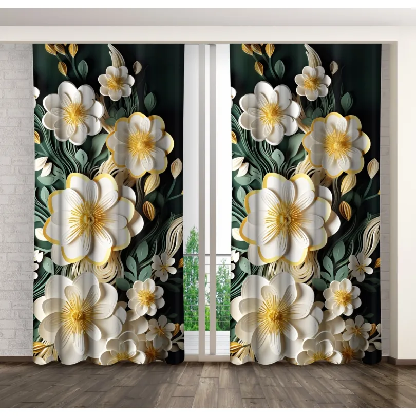 Dekorativna zavesa črne barve z značilnimi belimi cvetovi