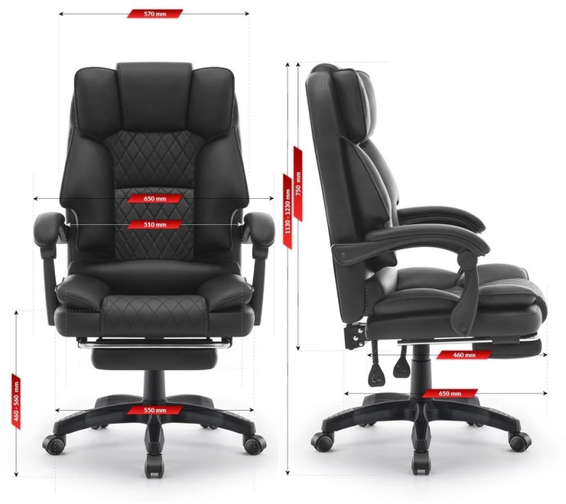 Ergonomikus irodai szék HC-1031 ökobőrből, lábtartóval - fekete színben