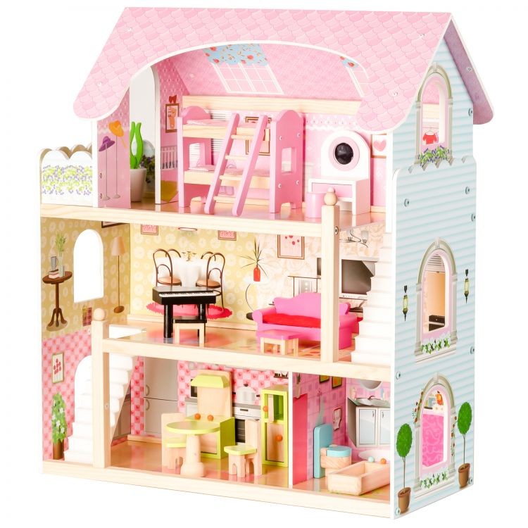 Lesena hiša v roza barvi s punčkami