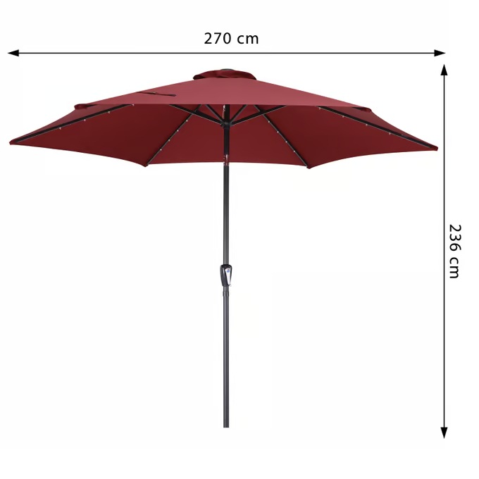 Градински LED соларен алуминиев чадър Miami - 270 см, червен, UV 80+