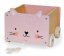 Fából készült tárolódoboz zsinórra fűzve, kerekekkel és rózsaszín macska motívummal