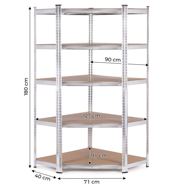 Stabilný rohový kovový úložný regál s 5 policami 180x90x40