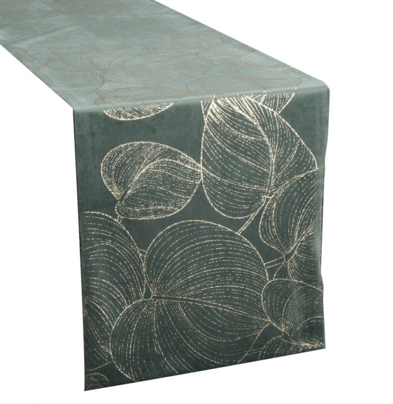 Zamatový stredový obrus s lesklou potlačou listov mentolovej farby