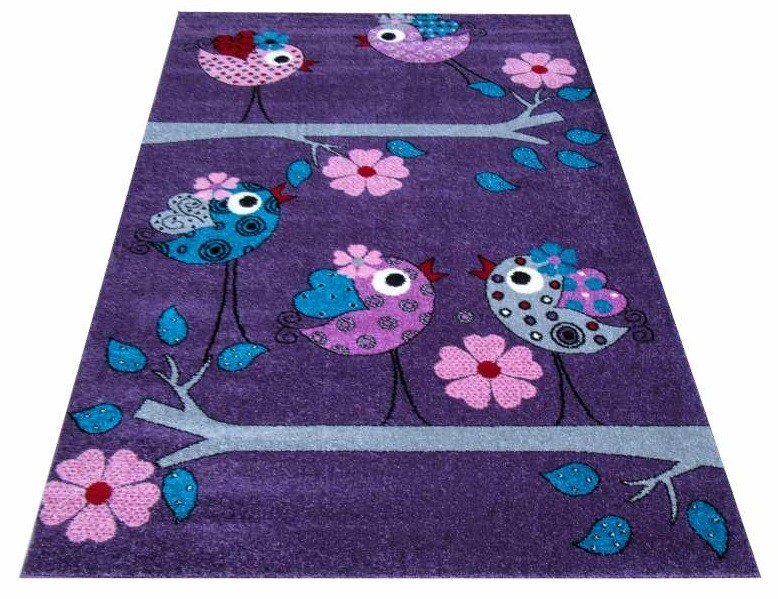 Fialový koberec pro děti s ptáčky