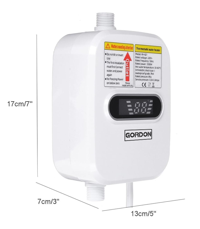 Elektrický průtokový ohřívač vody 3 500 W s displejem a sprchou, 15–50 °C
