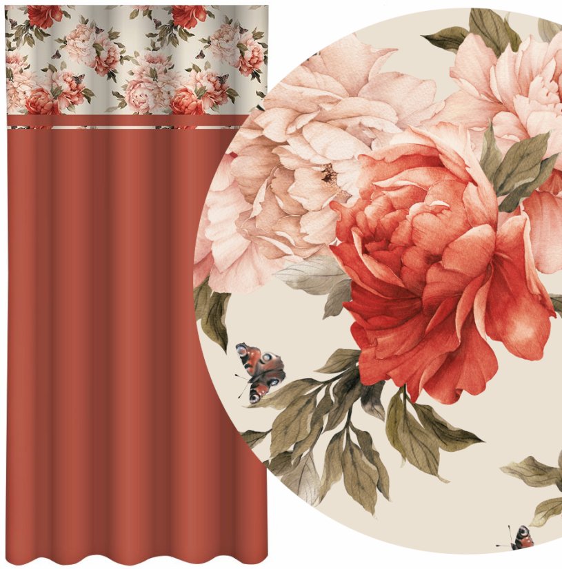  Elegantný oranžový záves s potlačou farebných kvetov