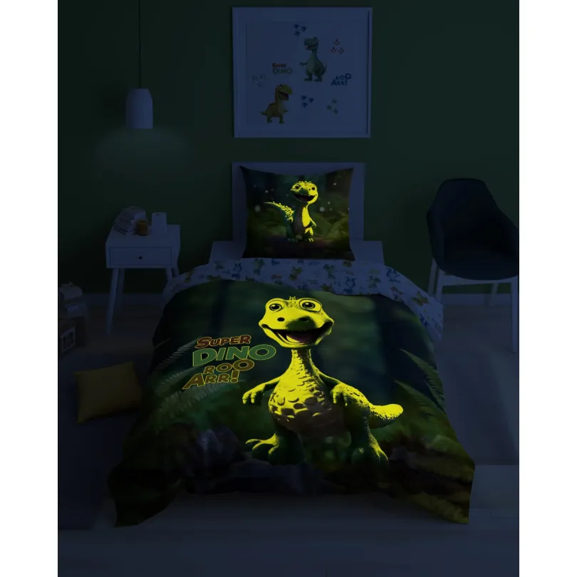 Bavlnené posteľné obliečky svietiace v tme - motív dinosaura