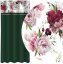 Schlichte dunkelgrüne Gardine mit rosa und burgunderroten Pfingstrosen bedruckt