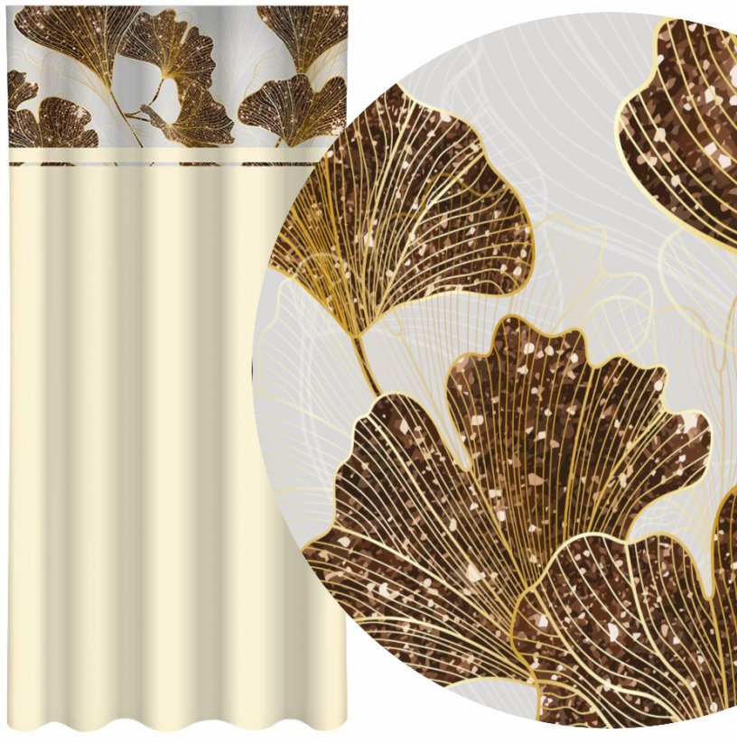 Klasszikus krémszínű függöny, arany színű ginkko levelekkel nyomtatva