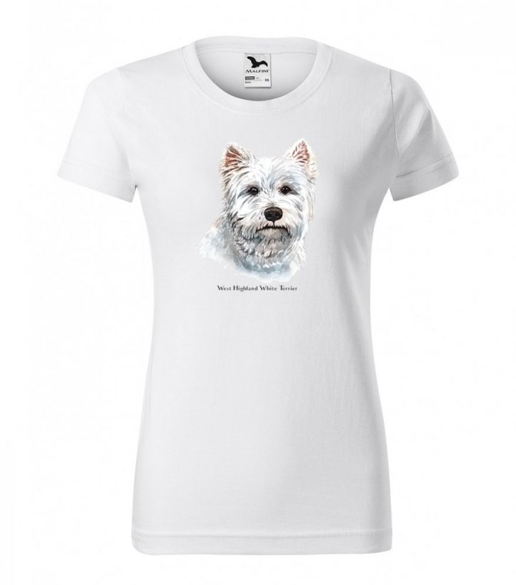 Bavlnené tričko dámske s originálnou potlačou West Highland Terrier - Farba: Biela, Veľkosť: XS