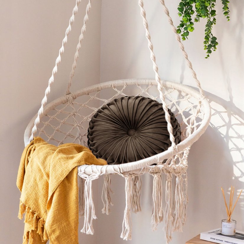 Závesná hojdačka bocianie hniezdo s poduškou v béžovej farbe