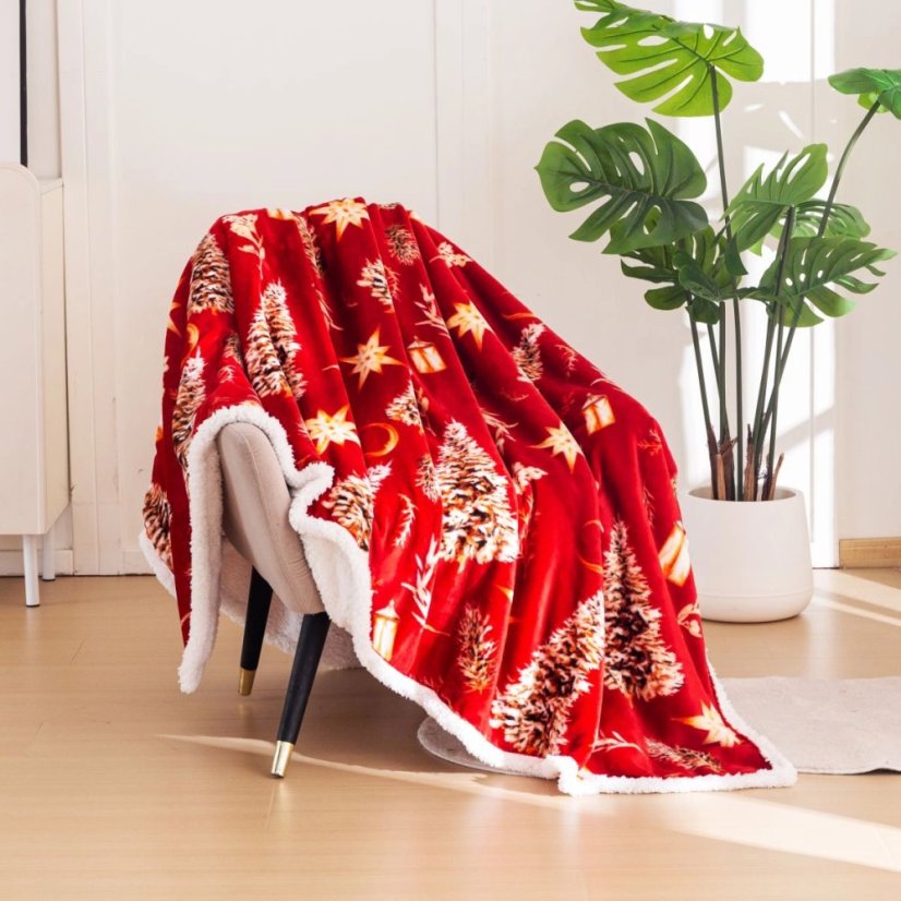 Coperta rossa natalizia con motivo di agnello e albero - calda coperta double-face