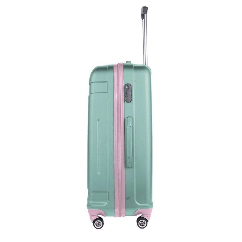 Nagy zöld bőrönd rózsaszín részletekkel