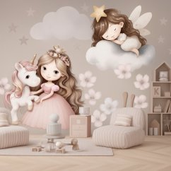 Samolepka na zeď do dětského pokoje, školky a jeslí - princezna a jednorožec