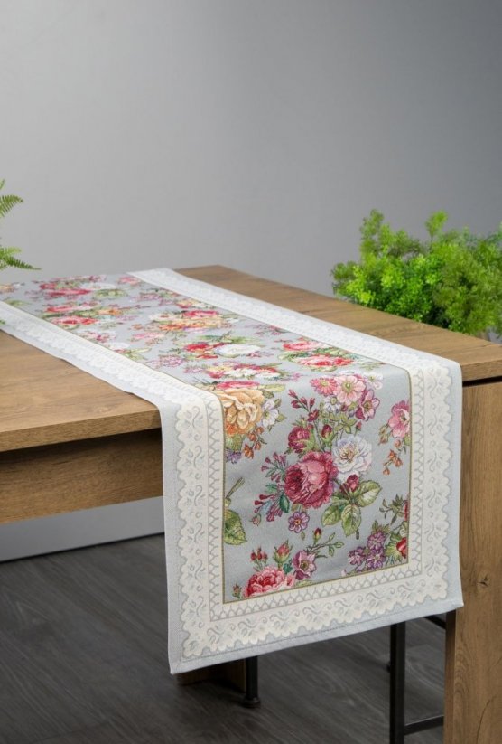 Siv tapiserijski prt z romantičnim tkanim cvetličnim vzorcem