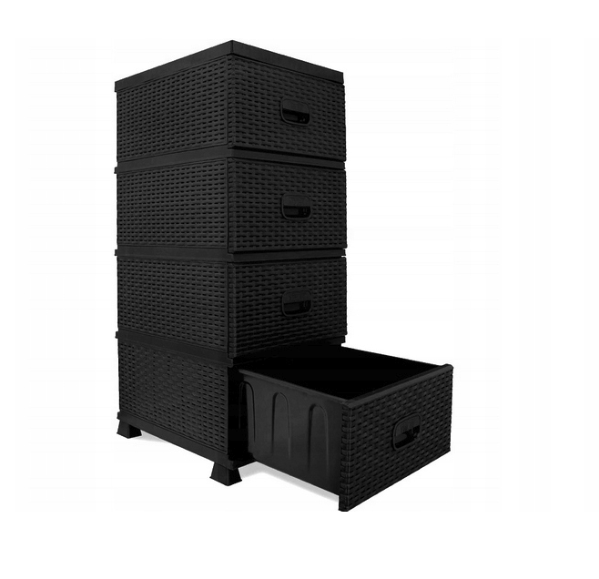 Čierna komoda s ratanovým dizajnom so 4 zásuvkami