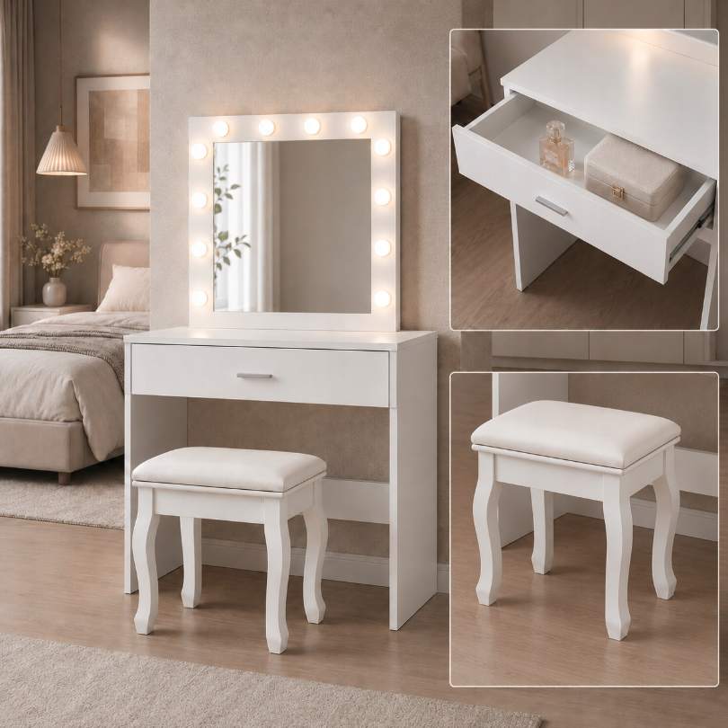 Kosmetický toaletní stolek se stoličkou, zásuvkou a LED zrcadlem – bílý