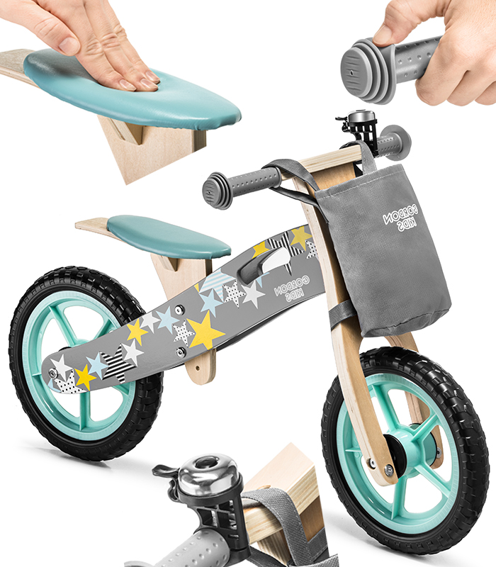 Modrý balančný bicykel s úložným vreckom