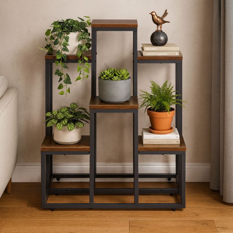 Loft Blumenständer - 6 Ablagen, schwarzer Stahl und Holzdekor