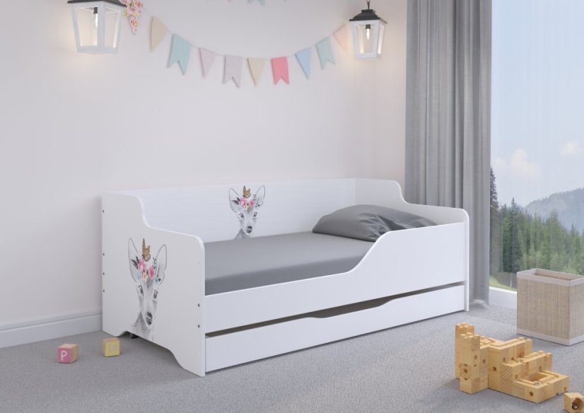 LILU Fehér gyerekágy háttámlával 160 x 80 cm - Őzike pillangóval