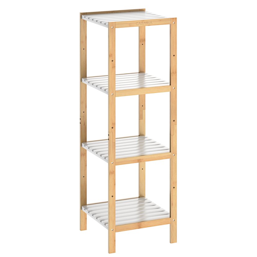 Bambusz polcos állvány 110 x 33 x 34 cm – fehér, 4 polccal