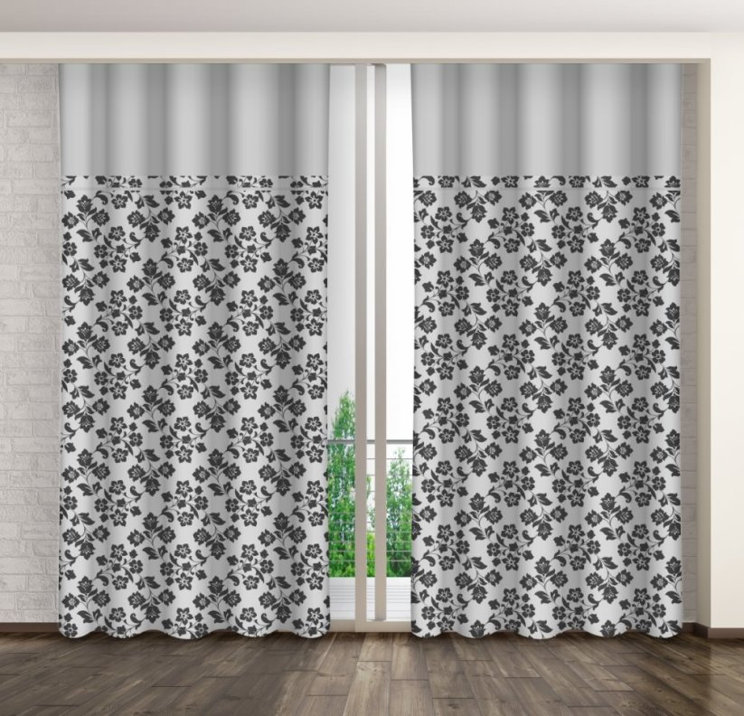 Grauer Vorhang mit graphitfarbenem Blumendruck und hellgrauer Bordüre