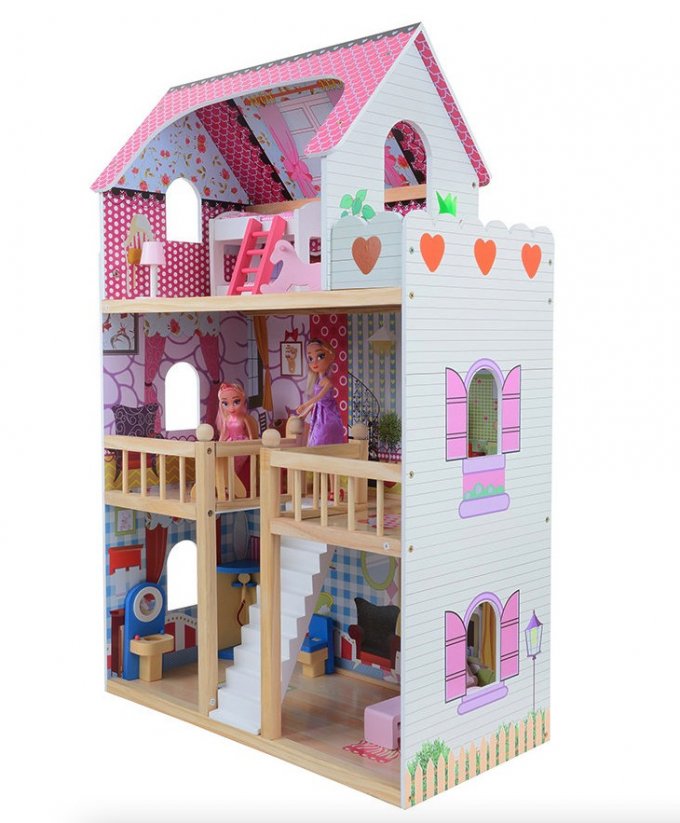 Krásný dřevěný domeček pro panenky s RGB LED osvětlením + 2 panenky