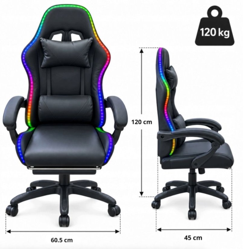 Igraća stolica s RGB LED rasvjetom, osloncem za noge i daljinskim upravljačem