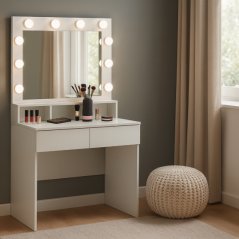 Bílý toaletní stolek s LED zrcadlem, zásuvkami a přihrádkami