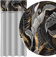 Tenda semplice grigio chiaro con stampa di foglie grigie e dorate