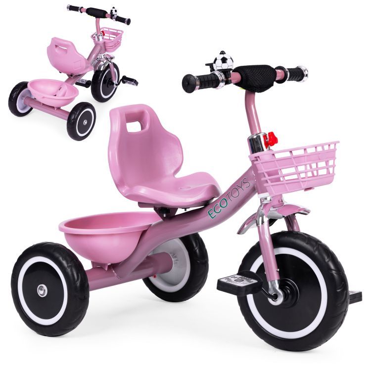 Triciclo rosa per bambini con campanello e cestino