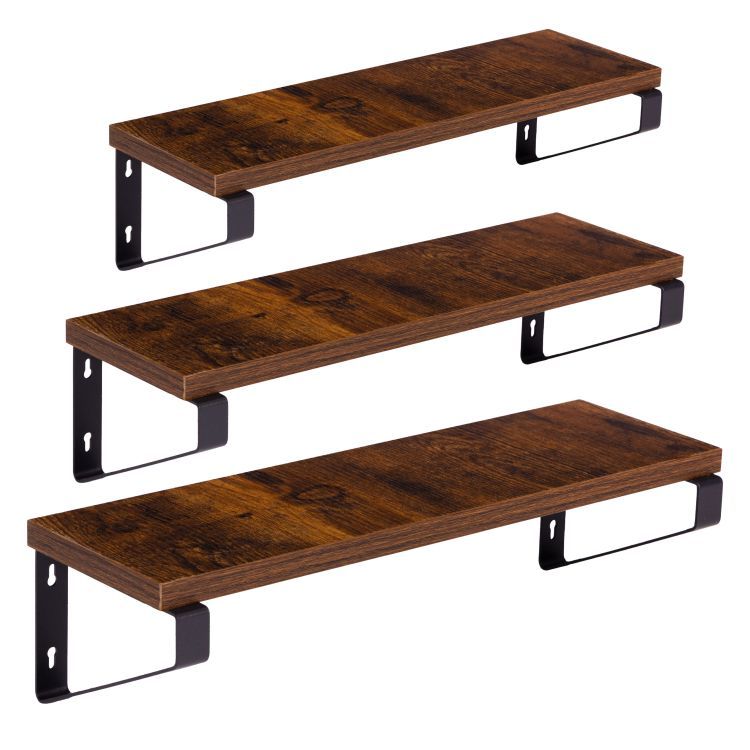 Závěsné loftové police na květiny a dekorace - sada 3 kusů, černá ocel a dřevěný dekor