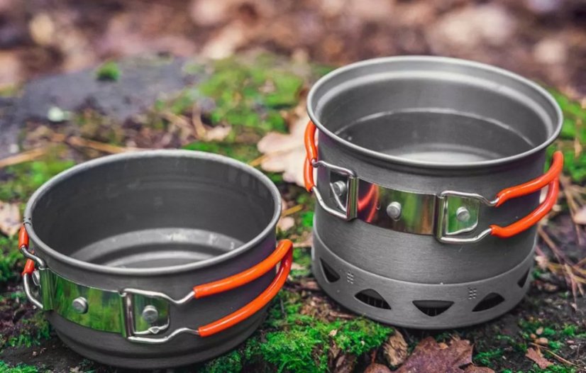 Sada kempingových hrnců a pánví 2 v 1, eloxovaný hliník, 900 + 500 ml