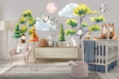 Adesivo murale per bambini "animali della foresta nel loro ambiente naturale"