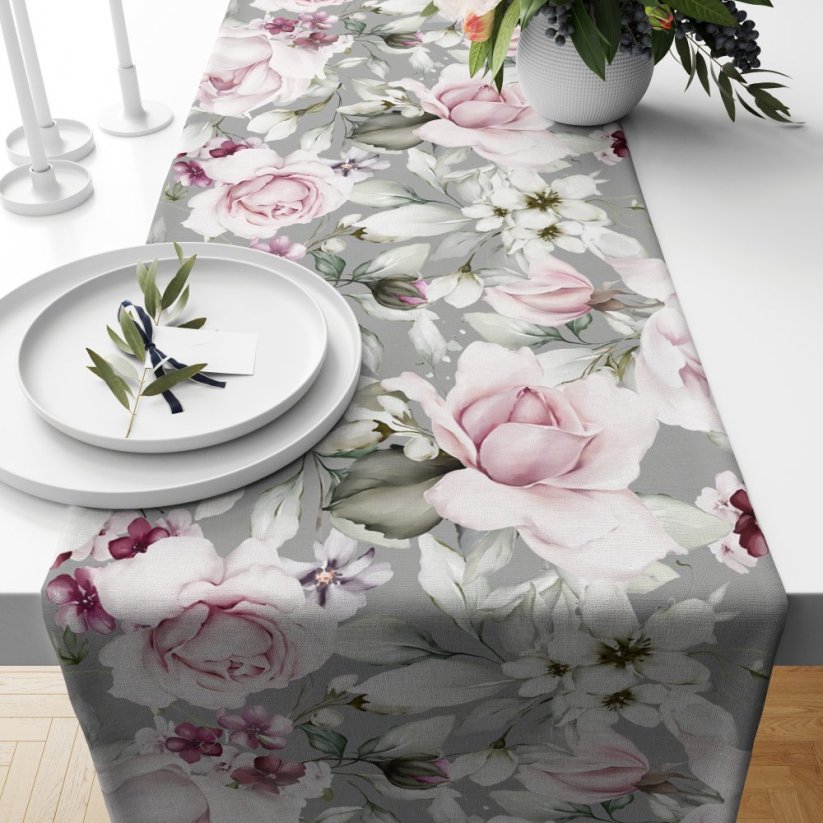 Asztali futó bazsarózsa nyomtatással szürke színben - Asztalterítő mérete: Szélesség: 40 cm | Hossz: 140 cm
