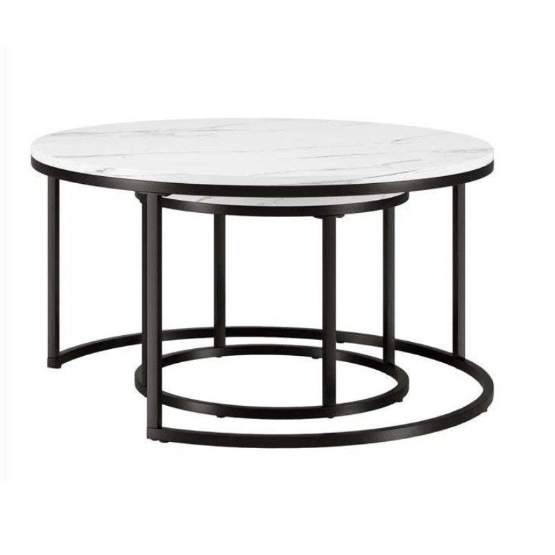 2 kerek dohányzóasztal készlet - fehér és fekete márvány