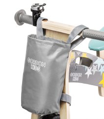 Modrý balančný bicykel s úložným vreckom