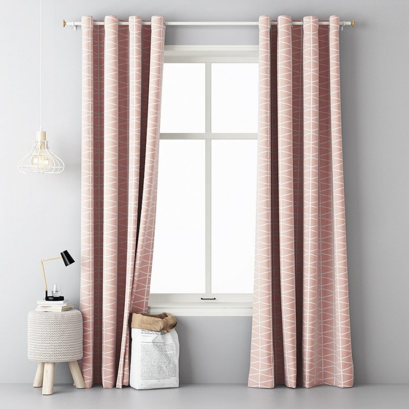 Růžové stylové závěsy do ložnice s bílým severským vzorem 140x250cm