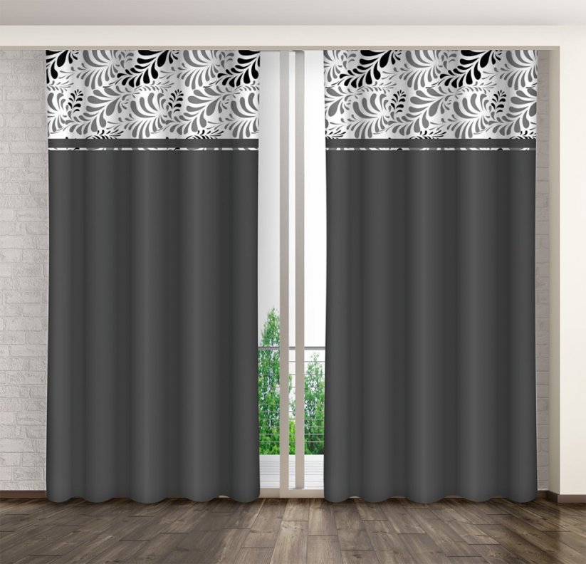 Eleganter grauer Vorhang mit grau-schwarzem Ornament