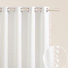 Bela zavesa LARA na srebrnih krogih s čopki 140 x 250 cm