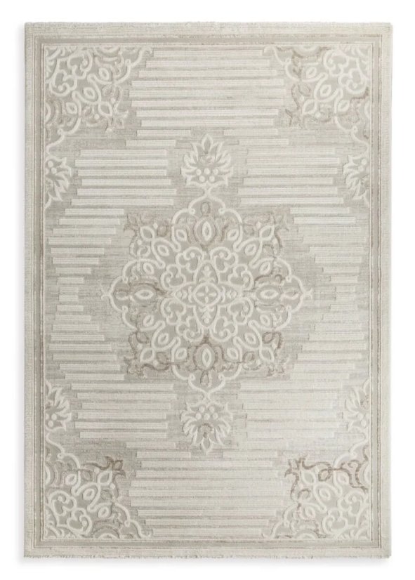 Koberec DFH32-6 s ornamentálním 3D vzorem a medailonem, krémově béžový - Rozměr koberce: Šířka: 140 cm | Délka: 190 cm