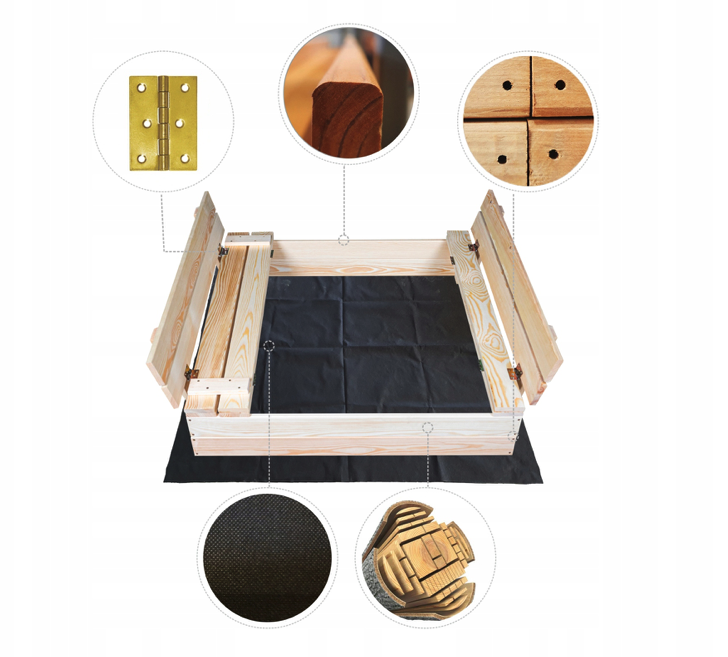 Uzatvárateľné drevené pieskovisko s lavičkami 100 x 100 cm