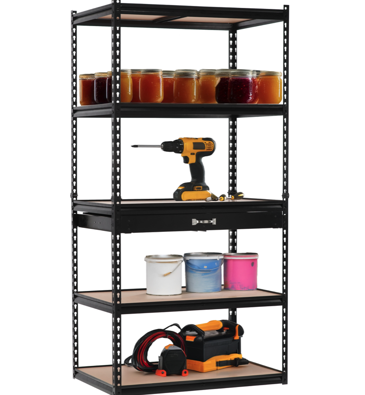 Kovový regál s 5 policemi a zásuvkou - 180 x 90 x 60 cm