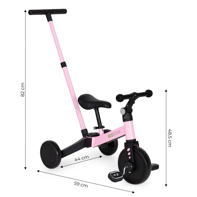 Tříkolka s vodicí tyčí v růžové ECOTOYS