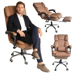 Komfortabler Bürosessel mit Fußstütze und Massage - braunes Öko-Leder