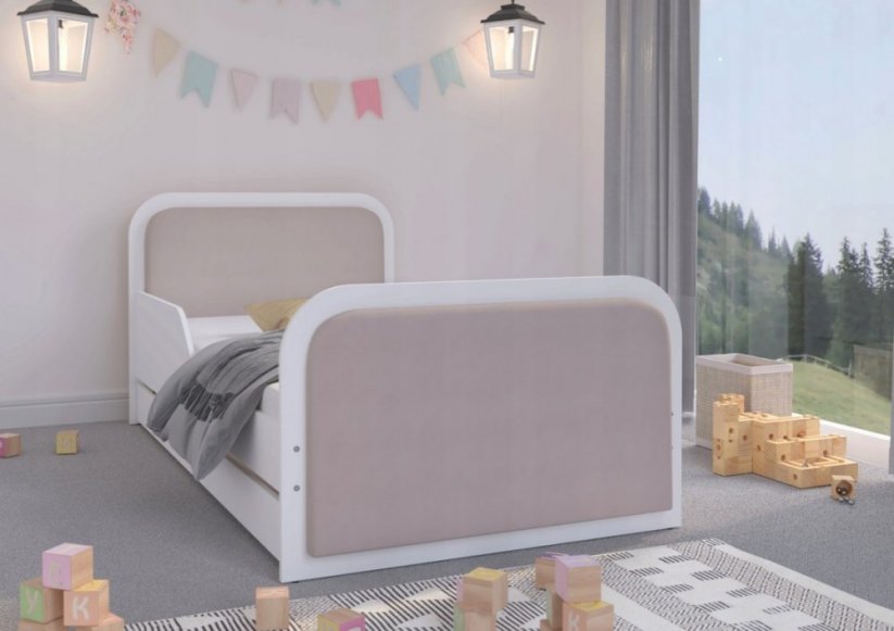Biela posteľ do detskej izby s čalunením ružovej farby 160 x 80 cm