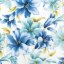 Biele závesy so zavesením na kruhy s kvetmi v modrých odtieňoch